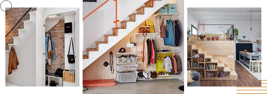 aménagement studio avec rangements de vêtements ou objets sous escalier